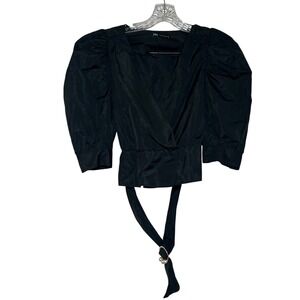 Zara Black Puff Sleeve Wrap Top Pearl Ring Belt Blouse Medium Classic minimal